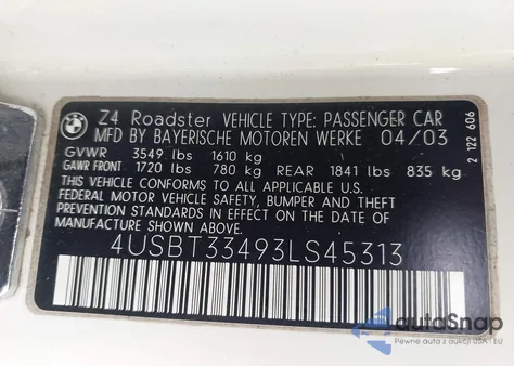 2003 BMW Z4 2.5I from USA, damaged, VIN 4USBT33493LS45313
